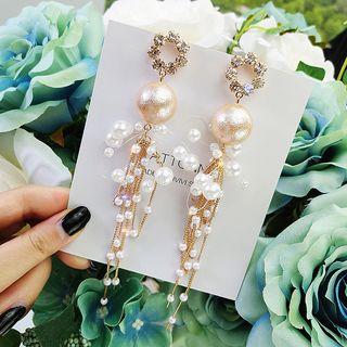 Rhinestone Faux Pearl Fringed Earring 1 Pair - Earrings - Gold & White - One Size
