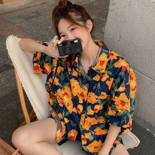 Elbow-sleeve Floral Shirt Yellow Floral - Dark Blue - One Size