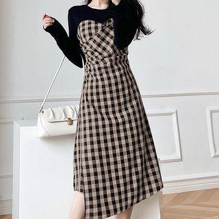 Mock-two-piece Long-sleeve Panel Plaid Asymmetric A-line Midi Dress