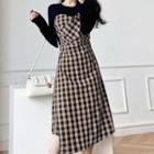 Mock-two-piece Long-sleeve Panel Plaid Asymmetric A-line Midi Dress