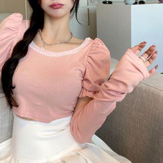 Set: Puff-sleeve Lace Top + Arm Sleeves