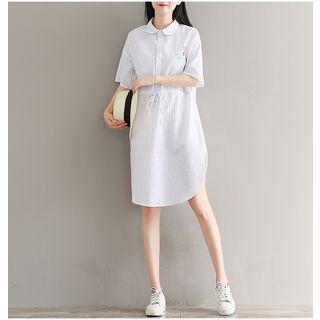 Drawstring Striped Elbow-sleeve Shirt Dress