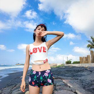 Swim Set: Sleeveless Lettering Top + Printed Shorts + Midi Skirt