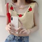 Floral Embroidery Knit Tank Top As Shown In Figure - One Size