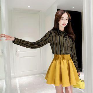 Set: Long-sleeve Tie-neck Striped Blouse + A-line Skirt