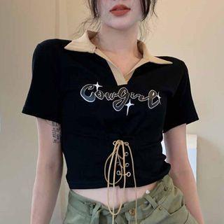 Short-sleeve Lapel Contrast Trim Lace-up Lettering T-shirt