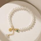 Chinese Characters Sterling Silver Faux Pearl Bracelet 1pc - Gold & White & Green - One Size