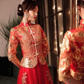 Elbow-sleeve Sequined Qipao Wedding Dress