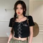 Short-sleeve Square Neck Lace-up Crop Top Black - One Size