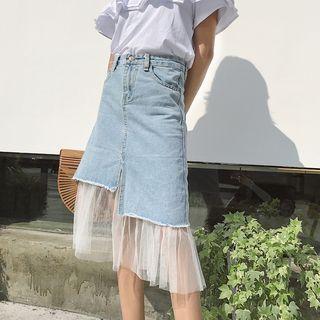 Asymmetrical Mesh Hem Denim Skirt