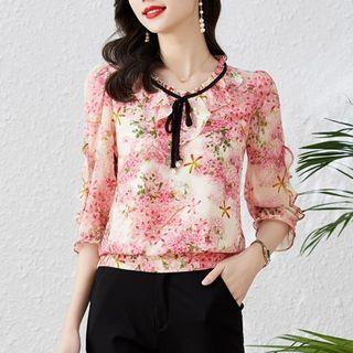 Elbow Sleeve Tie-neck Printed Chiffon Blouse