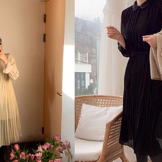 Bell-sleeve Pleated Dress With Sash