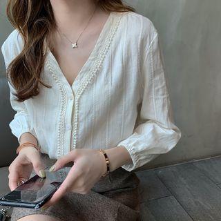 Long-sleeve Crochet Trim V-neck Blouse