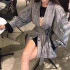 Puff-sleeve Tie-waist Plaid Blazer
