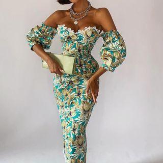 Puff-sleeve Off-shoulder Print Midi Sheath Dress