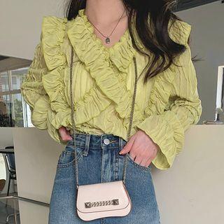V-neck Ruffled Blouse Green - One Size