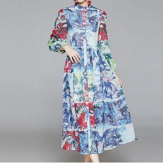 Long-sleeve Graphic Print Mock-neck Midi A-line Dress
