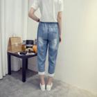 Embroidered Drawstring Waist Washed Jeans
