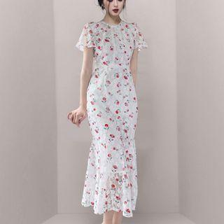 Short-sleeve Cherry Print Lace Midi Sheath Dress
