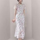 Short-sleeve Cherry Print Lace Midi Sheath Dress