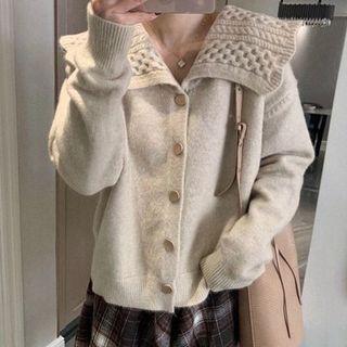 Peter Pan-collar Long-sleeve Plain Knit Cardigan