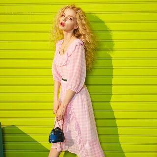 3/4-sleeve Ruffle Check Dress