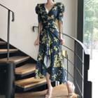 Flower Print Drawstring Short-sleeve Midi A-line Dress