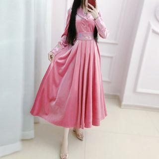 Embroidered Long-sleeve A-line Midi Velvet Dress