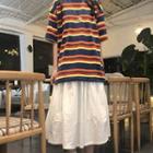 Elbow-sleeve Striped T-shirt / Plain A-line Midi Skirt