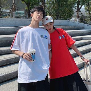 Couple Matching Elbow-sleeve Striped Trim Cartoon Printed T-shirt