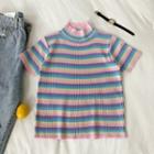 Striped Short-sleeve Slim-fit Knit Top Purple - One Size