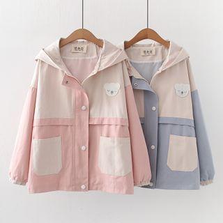 Bear Applique Hooded Zip-up Jacket