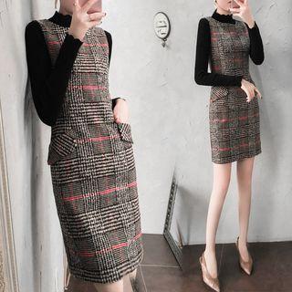 Mock-neck Long-sleeve Knit Top / Plaid Knit Pinafore Dress / Set