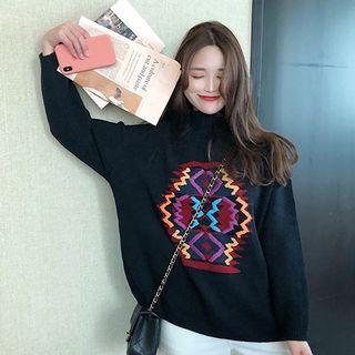 Mock-neck Embroidered Sweater / Plain Straight-cut Pants