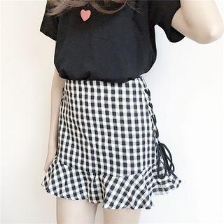 Plaid Lace-up Mini A-line Skirt
