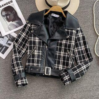 Faux Leather Panel Gingham Biker Jacket