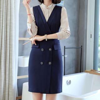 Sleeveless Double-breasted Sheath Dress / Tie-neck Blouse