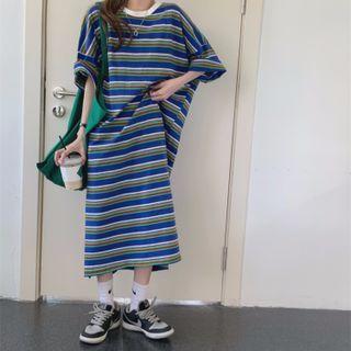 Elbow Sleeve Side-silt Striped T-shirt Dress Shirt Dress - One Size