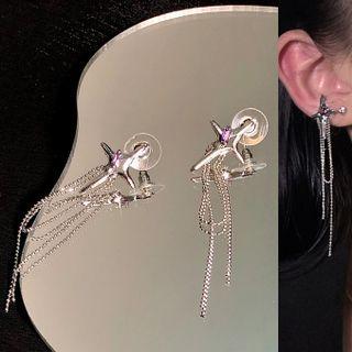 Cross Rhinestone Fringed Earring 1 Pair - Cross Rhinestone Fringed Earring - Silver - One Size