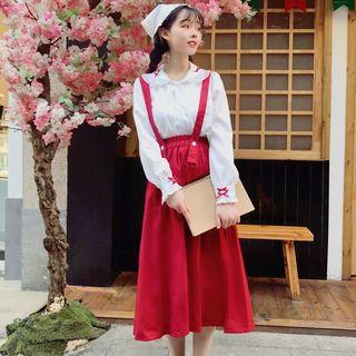 Bow Detail Blouse / High Waist Midi Suspender Skirt