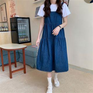 Set: Spaghetti Strap Tiered Denim A-line Midi Dress + Bucket Hat Set - Bucket Hat - Dark Blue - One Size / Midi Dress - Dark Blue - One Size