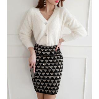 V-neck Rhinestone-button Fluffy Cardigan