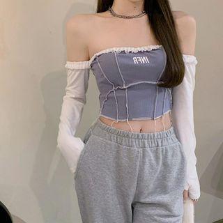 Lettering Two Tone Off-shoulder Knit Top