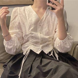 Long-sleeve Drawstring Button-up Blouse