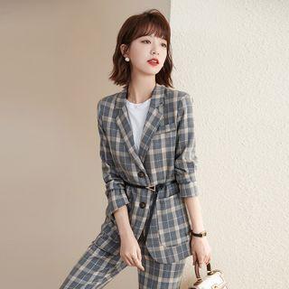 Set: Plaid Blazer + Straight Leg Dress Pants