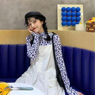 Long-sleeve Floral Print Top Blue - One Size