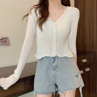 Long-sleeve V-neck Wood Ear Trim Cardigan