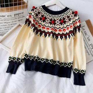Pompom-accent Loose-fit Sweater Almond - One Size