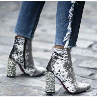 Glitter Chunky-heel Pointy-toe Short Boots