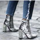 Glitter Chunky-heel Pointy-toe Short Boots
